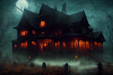 haunted house, creepy spooky house, halloween background, concept art, digital illustration