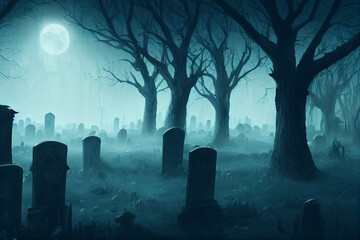 Misty Spooky Graveyard, Haunted Cemetery, Halloween Background, Concept Art, Digital Illustration