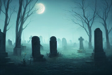 Misty Spooky Graveyard, Haunted Cemetery, Halloween Background, Concept Art, Digital Illustration