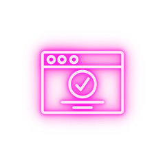 Browser web site check mark approve neon icon