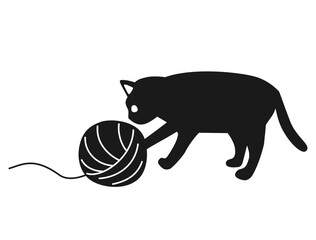 毛糸で遊んでいるネコのイラスト 白黒バージョン