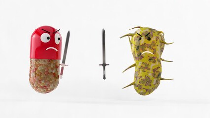 Science, and medicine prevent bacteria and other pests from defeating us. Pill fighting with bacteria on white background.