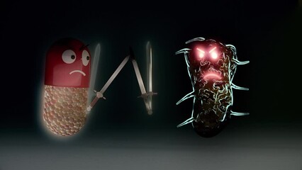 3D Characters - Battle of Medication against Germs - Antibiotics vs bacteria etc
