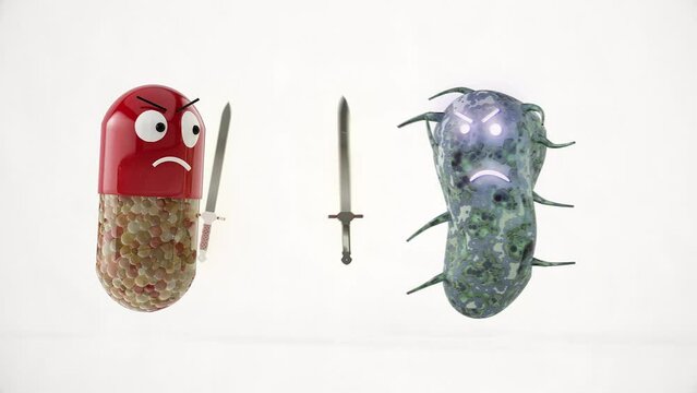 Pill, drugs fight bacteria, infections, and viruses. Protect from illness. 3D - 4k animation