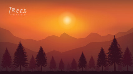  trees sunset vector background landscape bg mountains sun sky red yellow orange
