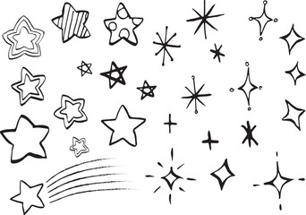 Illustration of various stars drawn in pen. ( black and white, vector )