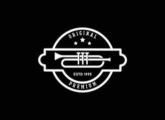 Trumpet logo design, generate melody, musical jazz instrument vector sketch illustration