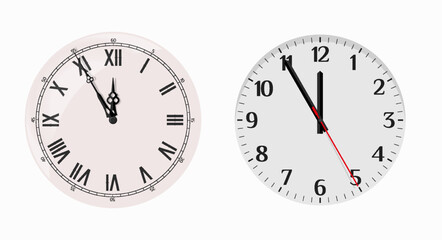 Vintage and modern clock faces. Five minutes to twelve. Merry Christmas and happy New Year 2023 background. Christmas greeting card template. Vector illustration.