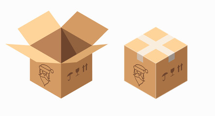 Santa gift, sealed and opened cardboard box. Merry Christmas and happy New Year 2023 background. Christmas greeting card template. Vector illustration.