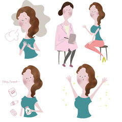 女医による、病院の治療の流れと、インフォームドコンセント、治療効果のビフォアアフターを表したイラストセット