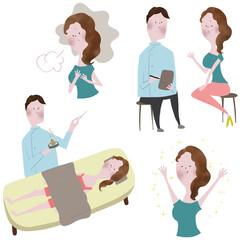 鍼灸院の治療の流れと、治療のビフォアアフターを表したイラストセット