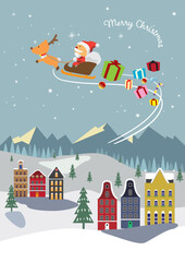 クリスマスの雪景色のまちをトナカイのそりに乗って空を飛ぶサンタさんのイラスト