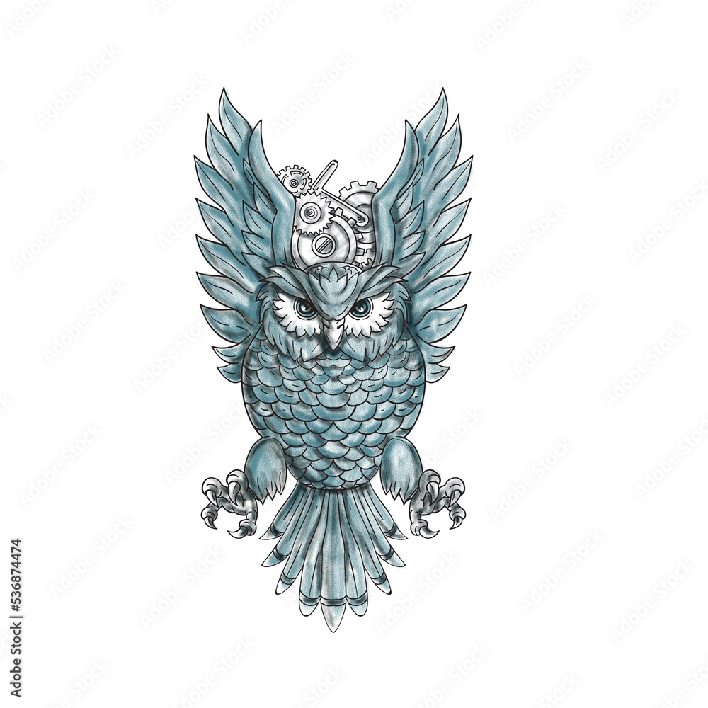 Poster owl swooping wings clock gears tattoo