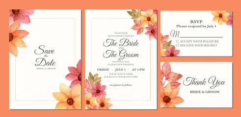 Manual painted of autumn floral watercolor as wedding invitation.