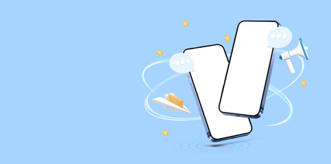 Blue illustration with two 3D mobile phone with blank screen, communication bubbles, mouthpiece, paper plane with envelope - concept of notification, letter, email, chat room, messenger app. 3D mockup