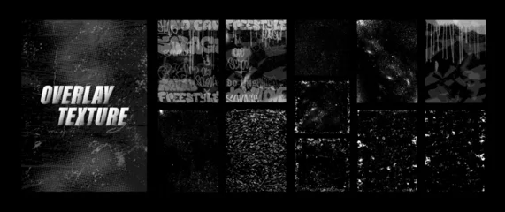 Foto op Plexiglas Street art and grunge overlay texture stamps. Graffiti, spray, dust, grunge effect. Vector backdrop stamps. Overlay texture - old, vintage, street, graffiti. Vector grain noise particles. © SergeyBitos