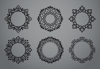 Set of decorative frames Elegant vector element for design in Eastern style, place for text. Floral black and gray borders. Lace illustration for invitations and greeting cards