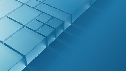 Transparent Blocks on a Blue Surface. Innovative Tech Concept with space for text. 3D Render.