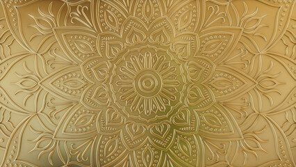 Gold Surface with Extruded Mandala Flower. 3D Diwali Celebration Background.