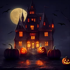 Rolgordijnen halloween background with pumpkin castle © huang