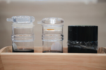 Sauce in bottle in a Japanese restaurant. Close up