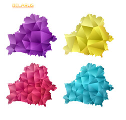 Set of vector polygonal maps of Belarus. Bright gradient map of country in low poly style. Multicolored Belarus map in geometric style for your infographics. Astonishing vector illustration.