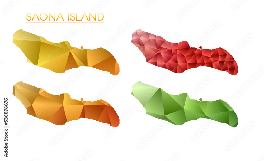 Poster set of vector polygonal maps of saona island. bright gradient map of island in low poly style. multi