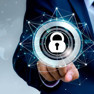 cybersecurity concept Global network security technology, business people protect personal information. Encryption with a padlock icon on the virtual