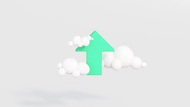 Green arrow and clouds. Positive statistics concept. Minimal cartoon style 3D animation
