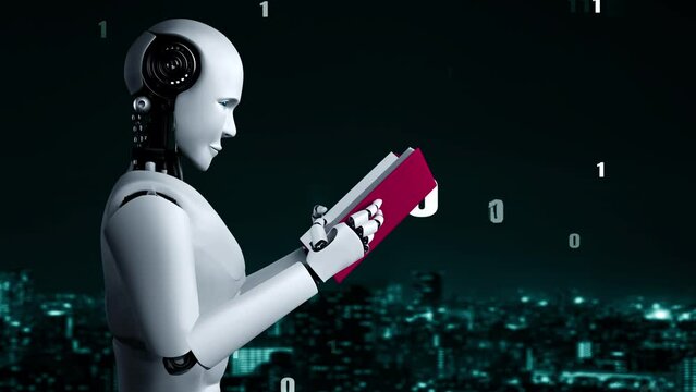 Futuristic robot artificial intelligence huminoid AI programming coding technology development and machine learning concept. Robotic bionic science research for future of human life. 3D rendering.