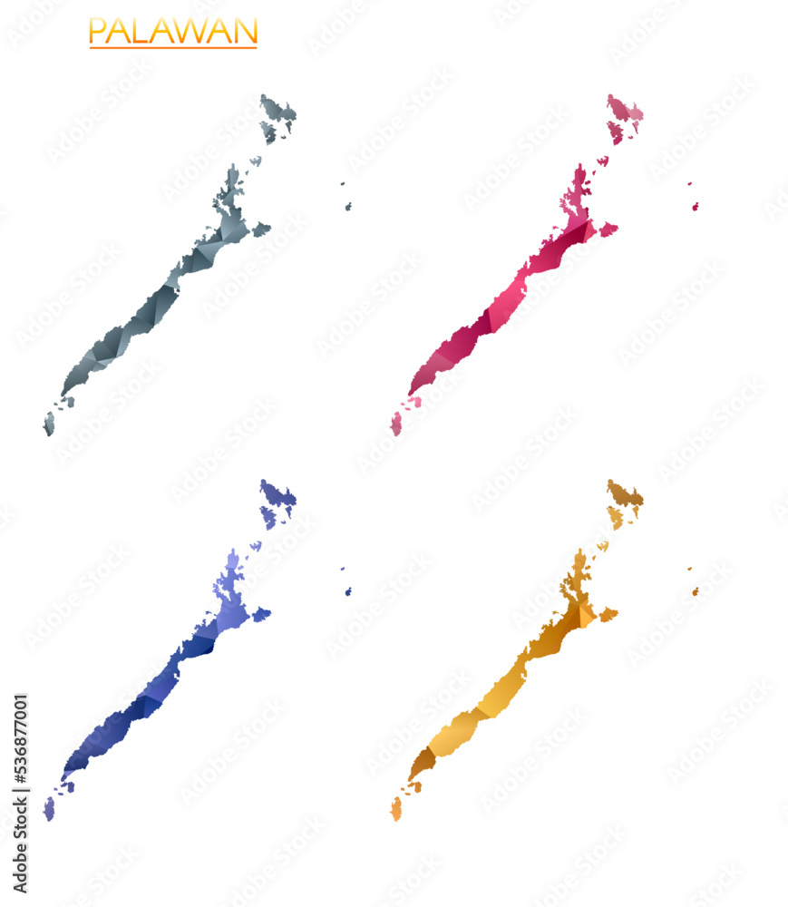 Poster set of vector polygonal maps of palawan. bright gradient map of island in low poly style. multicolor