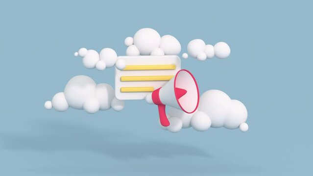 Cartoon megaphone and message bubble. Sharing information and advertising concept. 3D render animation