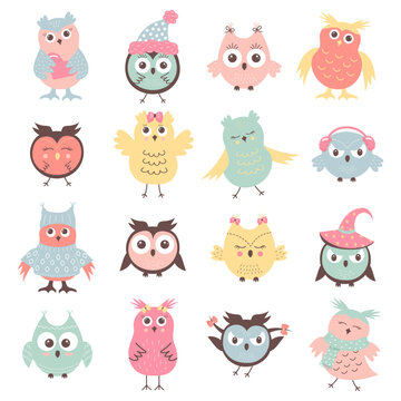 Cute owls set in different clothes and poses. Scandinavian boho cartoon characters.