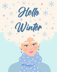 Beautiful girl in a scarf with snowflakes, stars and snow in her hair. Hello winter quote. Colorful portrait of female character.