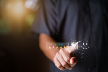 Man choose feedback 5 star to client. give satisfaction customer positive. give rating service excellence, concept review feedback five star,customer service, survey, customer smile happy.