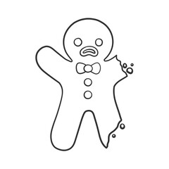 Gingerbread man cookie with bite outline doodle cartoon illustration. Winter Christmas food theme coloring book page activity for kids.