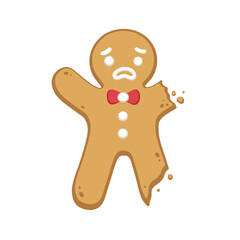 Sad gingerbread man cookie with bite. Winter Christmas food cartoon illustration.