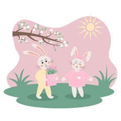 Bunny boy gives a bouquet of tulips in a packet to a bunny girl. Cute bunnies in love on the meadow. Spring greeting card. March 8 holiday.