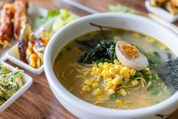 Japanese ramen soup bowl in restaurant