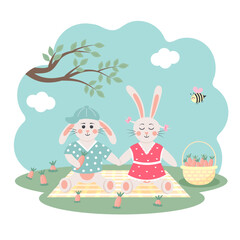 Cute bunnies on a picnic with basket of carrots sitting on the meadow. Cute bee is flying. Outdoor, summer, vacation. Greeting card.