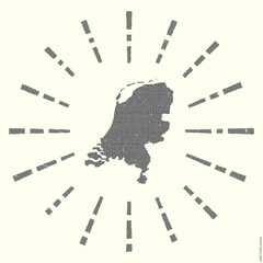 Netherlands Logo. Grunge sunburst poster with map of the country. Shape of Netherlands filled with hex digits with sunburst rays around. Cool vector illustration.