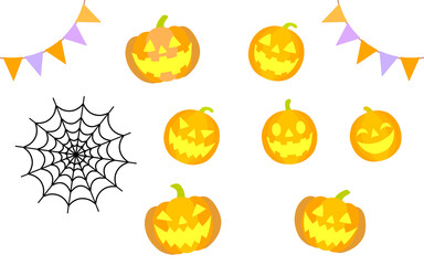 ハロウィン素材－ジャックオーランタンとフラッグガーランドとくもの巣のセット

