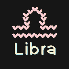 Zodiac sign Libra, hand drawn vector with pink, cream and light brown mini hearts isolated on the black background