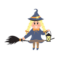 Cute little witch on a broom holding lantern. Halloween cartoon character.