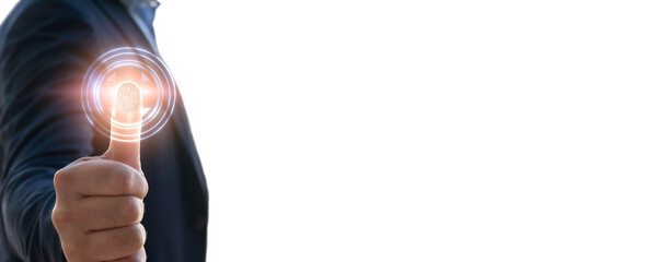 Business man showing thumb rise up to scan finger print for access to security system - Technology security and prevent hacker concept - Copy space