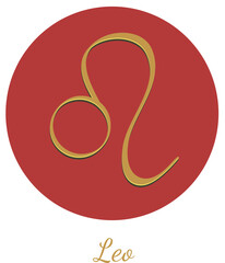 Zodiac sign Leo, hand drawn vector with gold color and shadow isolated on the red and white background