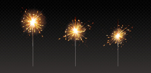 3d realistic vector icon set. Celebration candles, sparkles. Bengal fire sticks. Isolated.