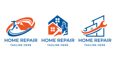 House Repair Logo Bundle. Orange and Blue House Logo with Hammer and Handyman Tools Vector Illustration.