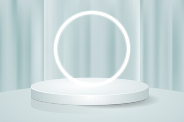 3d pastel blue curtain background products show podium scene with luminous neon decoration, geometric platform rendering to show products