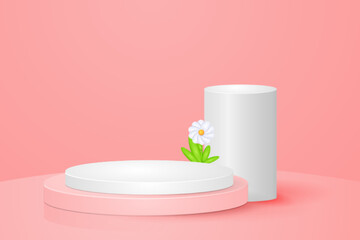 3d geometric product showing podium scene on pink background, 3d rendering with podium stand for product display
